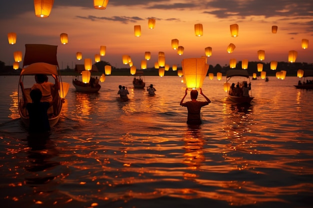 Gente flotando en botes con linternas flotando en el agua.