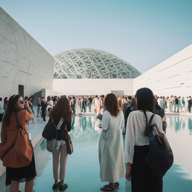 Foto gente frente al louvre en abu dhabi