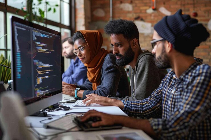 Foto gente frente a una pantalla de computadora