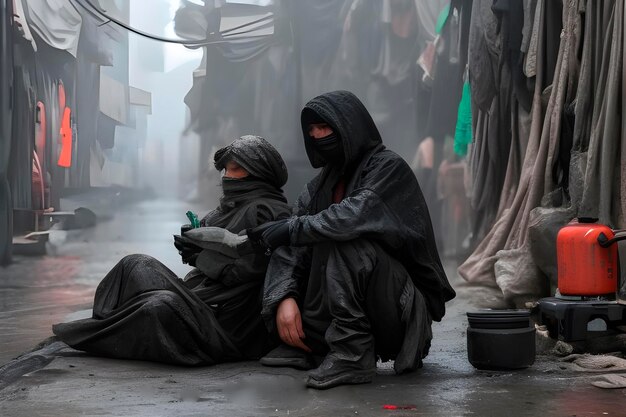 Foto la gente golpeada por la pobreza con ropa desordenada que vive en la bulliciosa calle de un barrio pobre