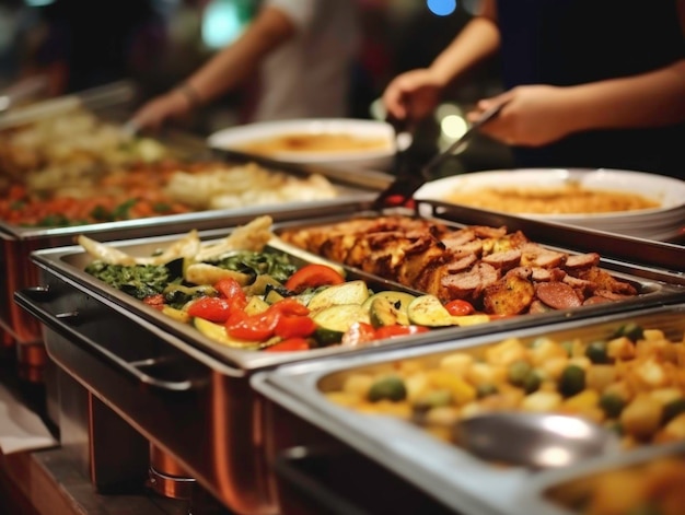 Gente en grupo comiendo comida buffet en el interior de un restaurante con carne, frutas y verduras de colores