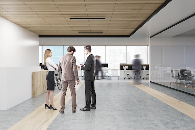 Gente hablando en una oficina cerca de un mostrador de recepción. Un hombre se dirige al área de trabajo. La sala de conferencias se ve en la parte izquierda de la imagen. representación 3d Bosquejo