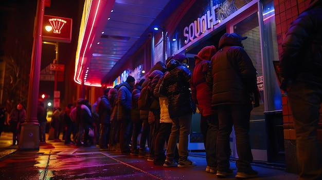 Foto la gente hace cola afuera de un teatro por la noche. la cola es larga y la gente está abrigada con ropa cálida.