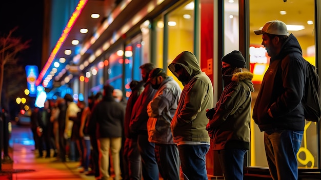 La gente hace cola fuera de una tienda por la noche, la gente lleva ropa cálida y algunos de ellos llevan máscaras.