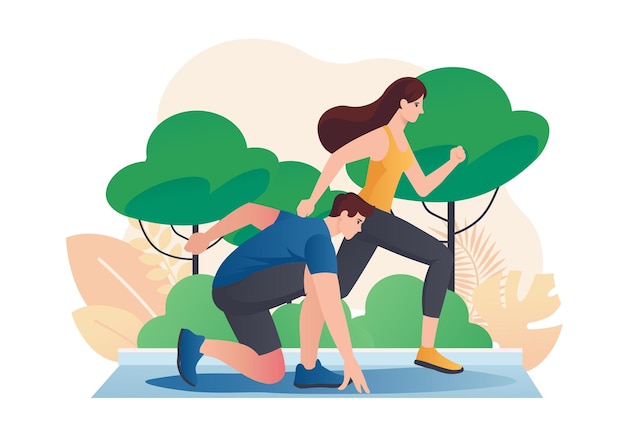 La gente hace un concepto deportivo con la gente escena en el estilo de dibujos animados plano un hombre y una mujer corren