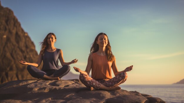 La gente hace yoga en la naturaleza.