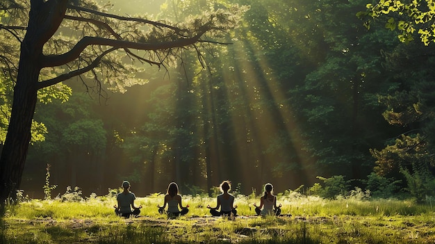 La gente haciendo yoga en el bosque están sentados en círculo con los ojos cerrados y las manos apoyadas en las rodillas