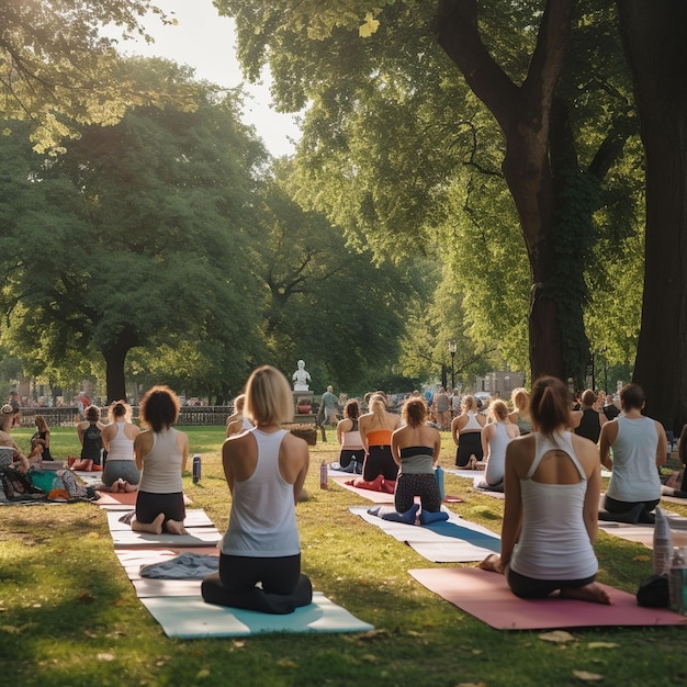 Gente haciendo yoga en un parque, uno de ellos lleva una camiseta sin mangas blanca y el otro lleva una camiseta sin mangas blanca.