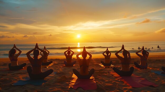 Foto gente haciendo yoga en la playa al atardecer