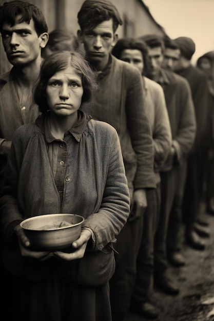 Gente hambrienta sosteniendo contenedores esperando comida gratis en una larga cola concepto de gran depresión