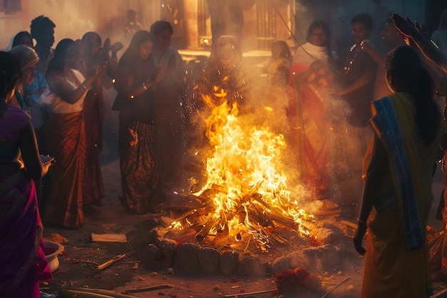 Foto la gente de la india haciendo holika dahan pooja