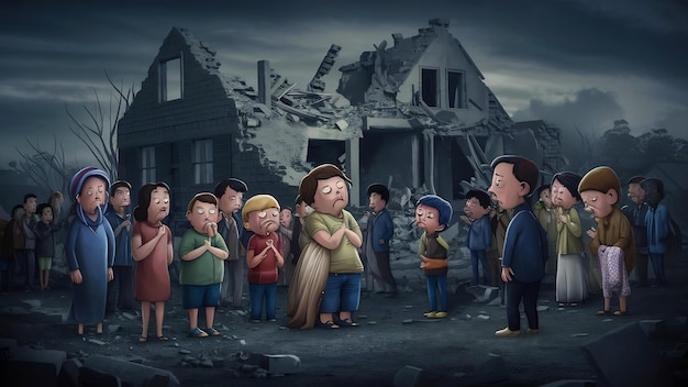 Foto la gente infeliz mira la casa destruida después del desastre del terremoto genera desesperación y tragedia
