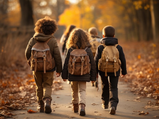 Gente irreconocible caminando por la carretera en el bosque de otoño