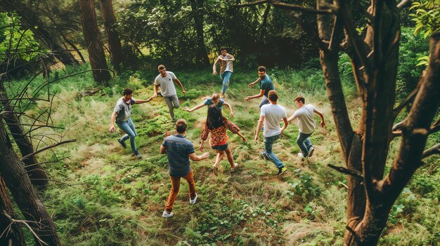 Foto la gente está jugando a una partida en el bosque, todos están corriendo y riendo, divirtiéndose.