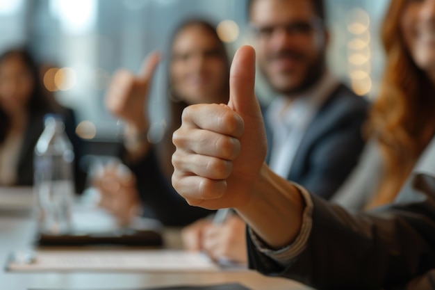 Foto la gente levanta el pulgar en la conferencia por un producto de calidad y clientes felices