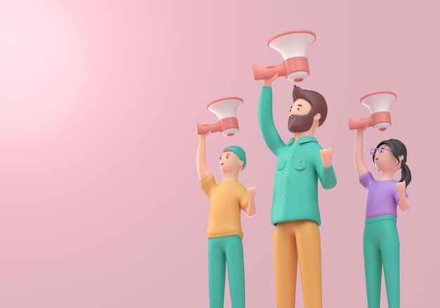 Gente levantando las manos con megáfono 3D Render 3D