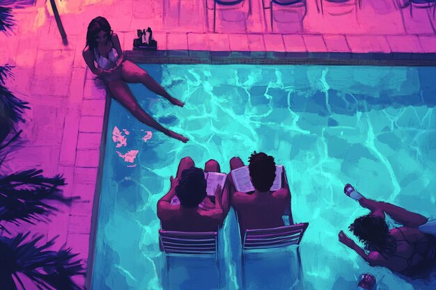Gente leyendo junto a la piscina Un boceto de Seaso generative ai