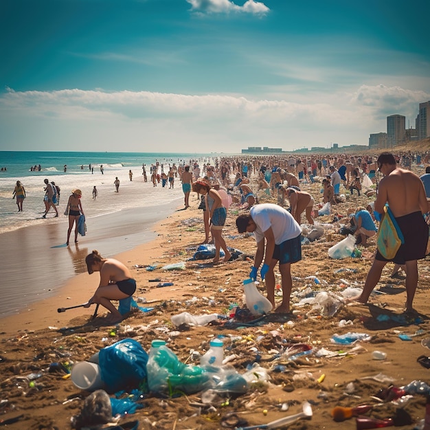 Gente limpiando la playa en verano