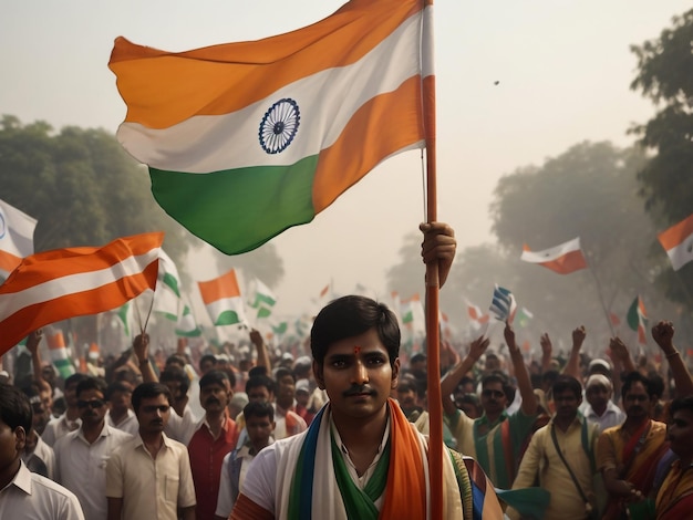 La gente llevando la bandera de la India Símbolo de orgullo nacional elecciones democráticas y poder de la unidad