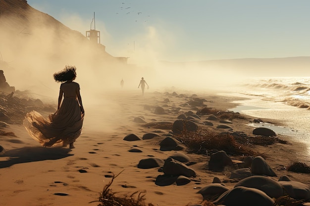 Foto gente luchando contra el fuerte viento en la playa generativa ia