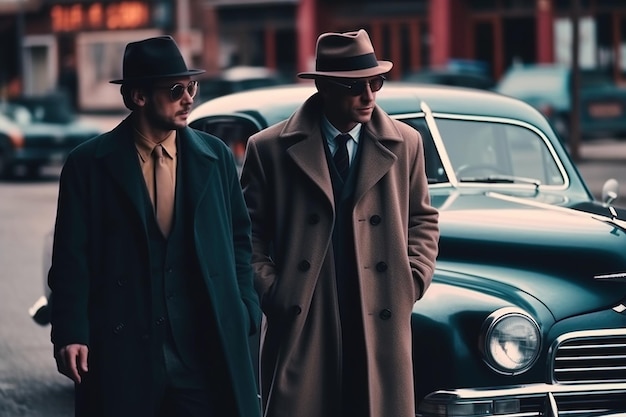 Gente de la mafia en trajes con autos Ai Retro vintage gangsters