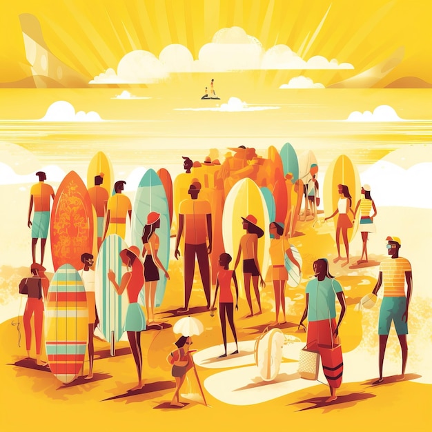 Gente maleta de vacaciones a la orilla del mar soleado ai generado ilustración de alta calidad