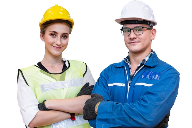 La gente manual de la mujer y el hombre trabajador está de pie con confianza con el vestido azul de la suite de trabajo