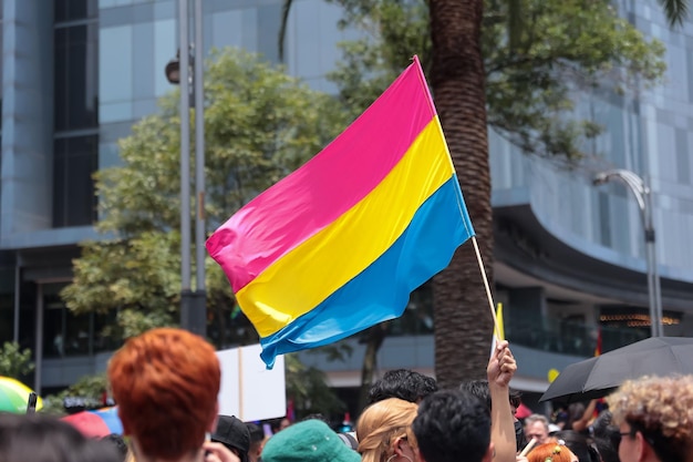 Gente marchando y agitando una bandera pansexual como apoyo en el día del Orgullo