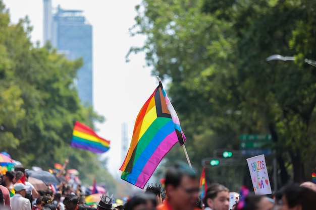 La gente marchando y agitando banderas arco iris como apoyo en el día del Orgullo