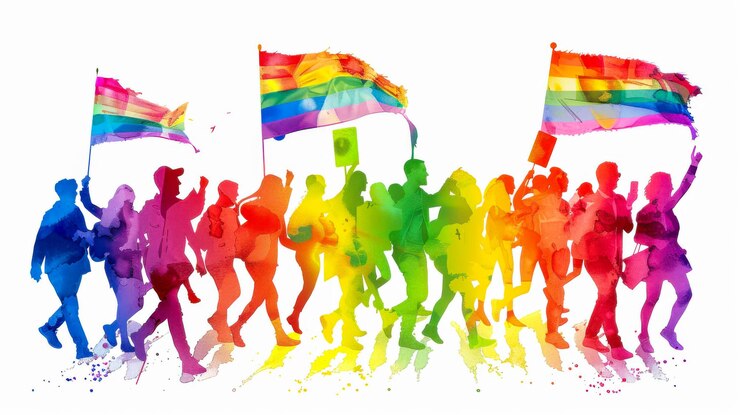 Foto gente marchando con banderas de arco iris en estilo acuarela