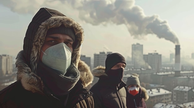 Foto gente con máscara protectora contaminación atmosférica ciudad smog de concepto de fábrica concepto de fondo