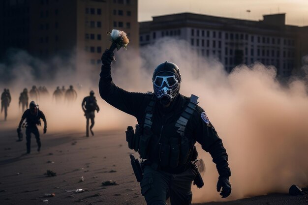 Foto gente con máscaras en protesta inteligencia artificial generativa