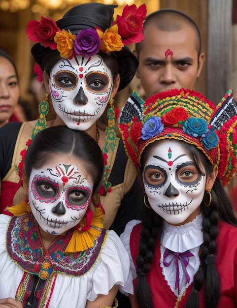 Gente con máscaras y trajes tradicionales del Día de los Muertos