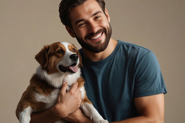 Foto gente y mascota perro dueño de mascota personaje hombre sosteniendo en las manos a su perro hombre ama a su animal lindo y adorable doméstico