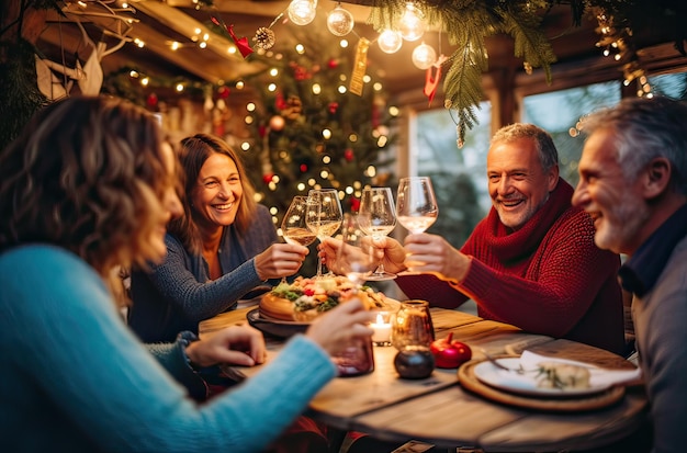 Gente de mediana edad brindando con champán en la cena de Navidad con una actitud feliz y sonriente.