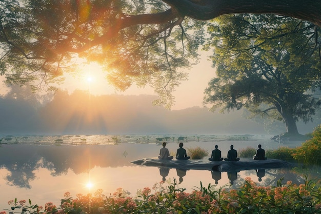 gente meditando junto al agua y los árboles afuera