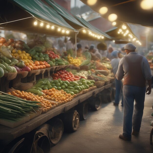 Foto gente en el mercado de la ciudad puesto con frutas y verduras gente en la ciudad