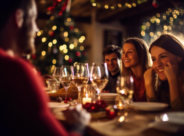 Foto gente en una mesa celebrando la navidad con luces brillantes