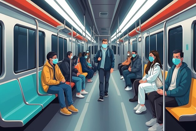 Gente en el metro, el tren, el autobús, el tranvía, el transporte público usando máscaras médicas para protegerse del coronavirus