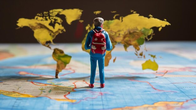 Gente en miniatura viajando con una mochila de pie en el mapa del mundo