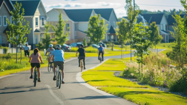 Gente montando bicicletas en un sendero pavimentado cerca de un nuevo desarrollo de viviendas