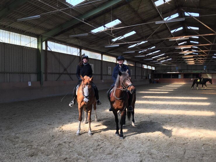 Foto gente montando a caballo en el establo