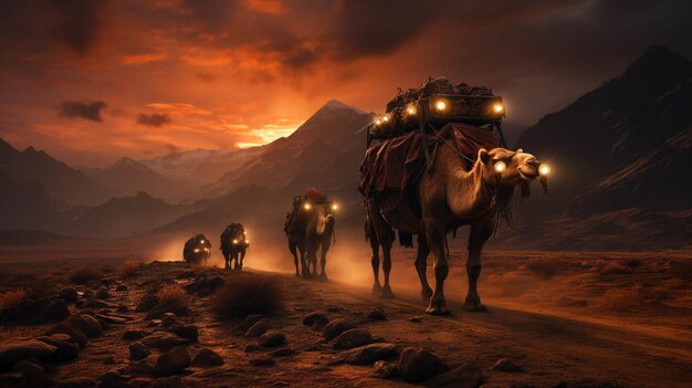 Foto gente montando camellos en el desierto por la noche