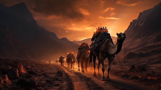 Gente montando camellos en el desierto por la noche