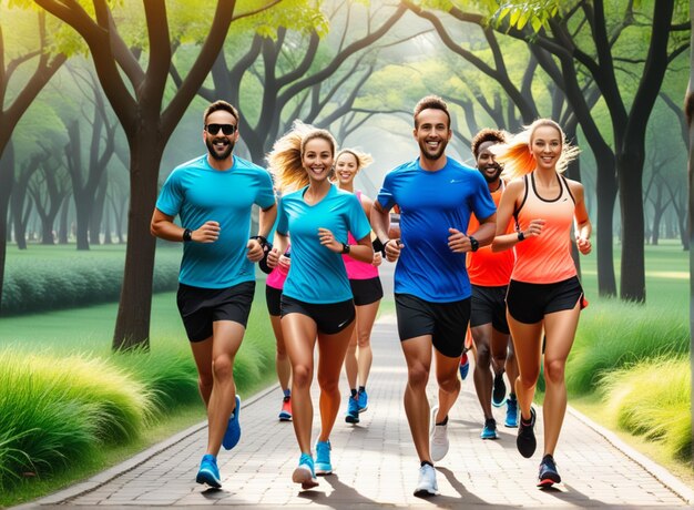 Gente multinacional corriendo juntos a lo largo del sendero en el parque Maratón gente o fitness