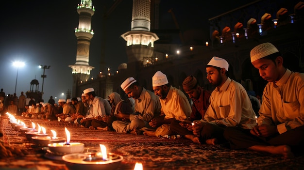 La gente musulmana celebra el Eid al-Fitr en la mezquita