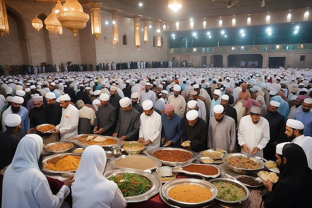 La gente musulmana come Sehri o iftar La comida deliciosa está arreglada delante de la gente Sacrificio a Alá