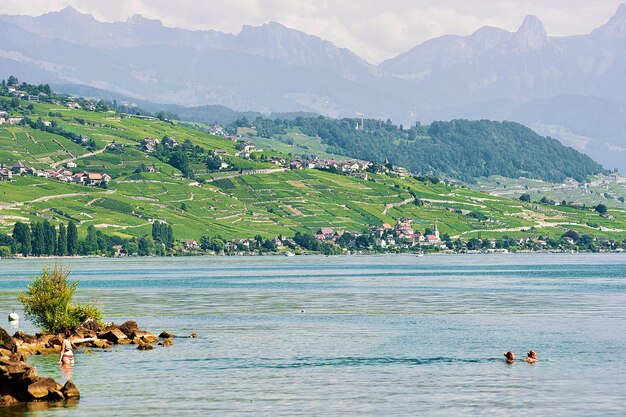 Gente nadando en la orilla del lago, lago de Ginebra en Lausana, Suiza.