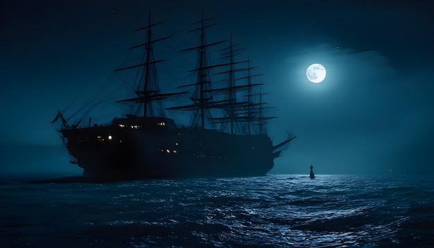 Foto gente en la nave de terror nocturno luna en el fondo