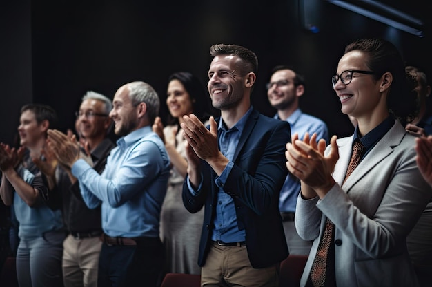 Foto gente de negocios alegre aplaudiendo mientras está de pie en la sala de conferencias enfoque selectivo ia generativa